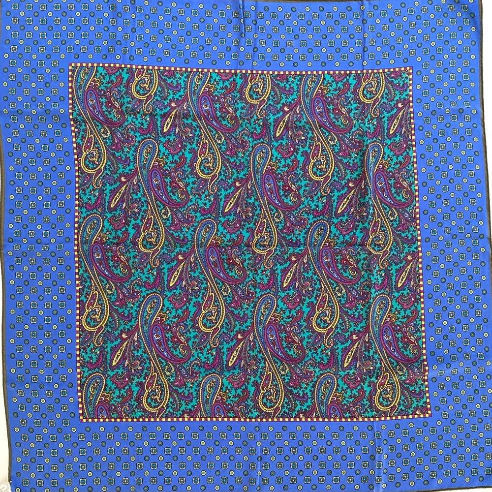 Italian Silk Scarf, Paisley, Blue, Purple, Mustard, Hand Rolled Edges, Large